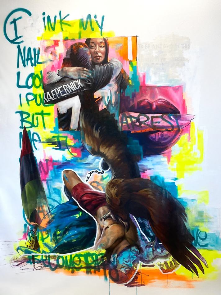American Extinction, mixed media painting referencing Kaepernick and protest imagery