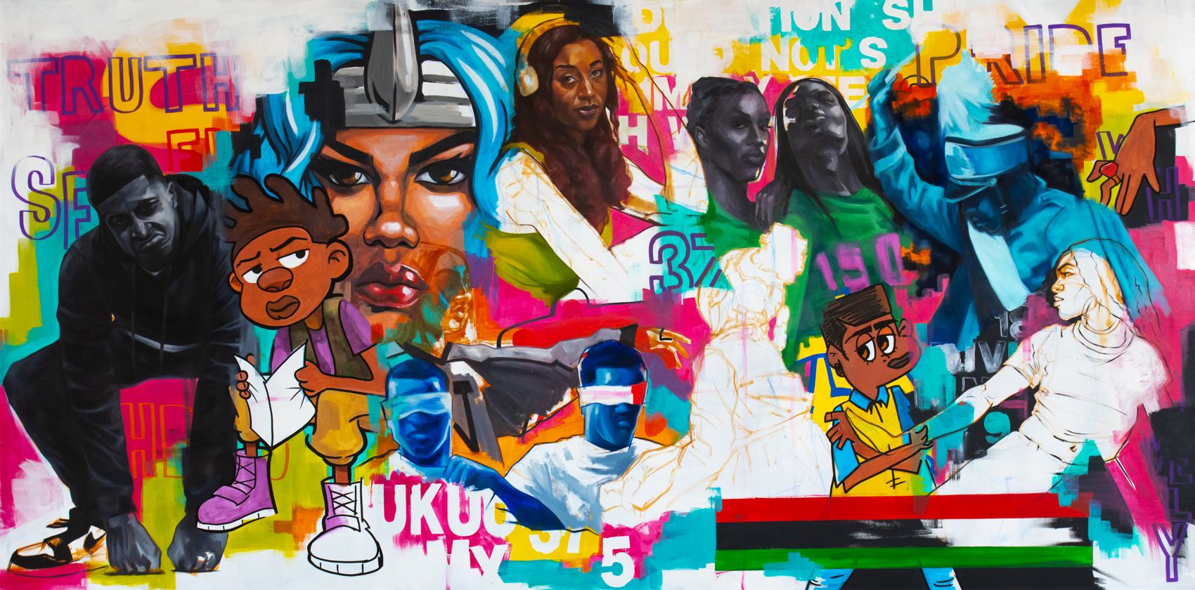 Homecoming, colorful mixed media mural with text and cartoon figures