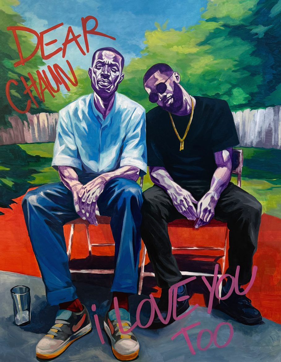 Dear Chaun, painting of two men seated together with handwritten text