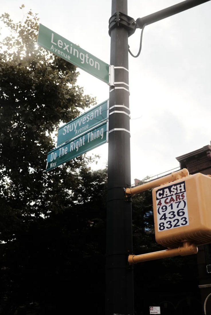 Color photograph of street signs including Do The Right Thing Way